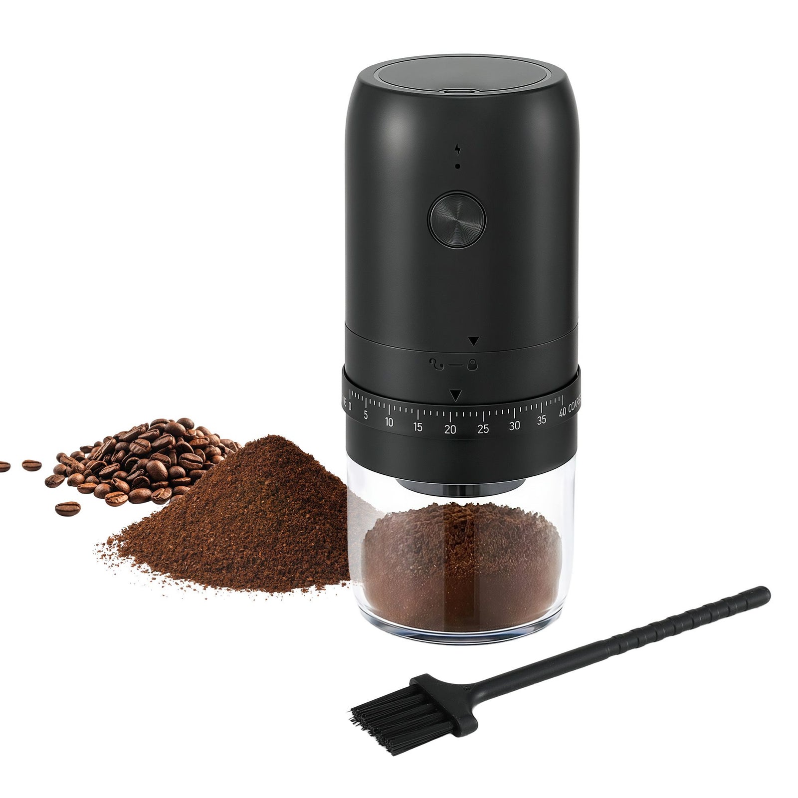 Electric Coffee Grinder USB-C Rechargeable Portable Coffee Bean Grinder with 40 Precise Grind Settings | Automatic Spice Nut Pepper Grinder Mill with Cleaning Brush & Ground Coffee Container for Home Office Camping Travel, Black