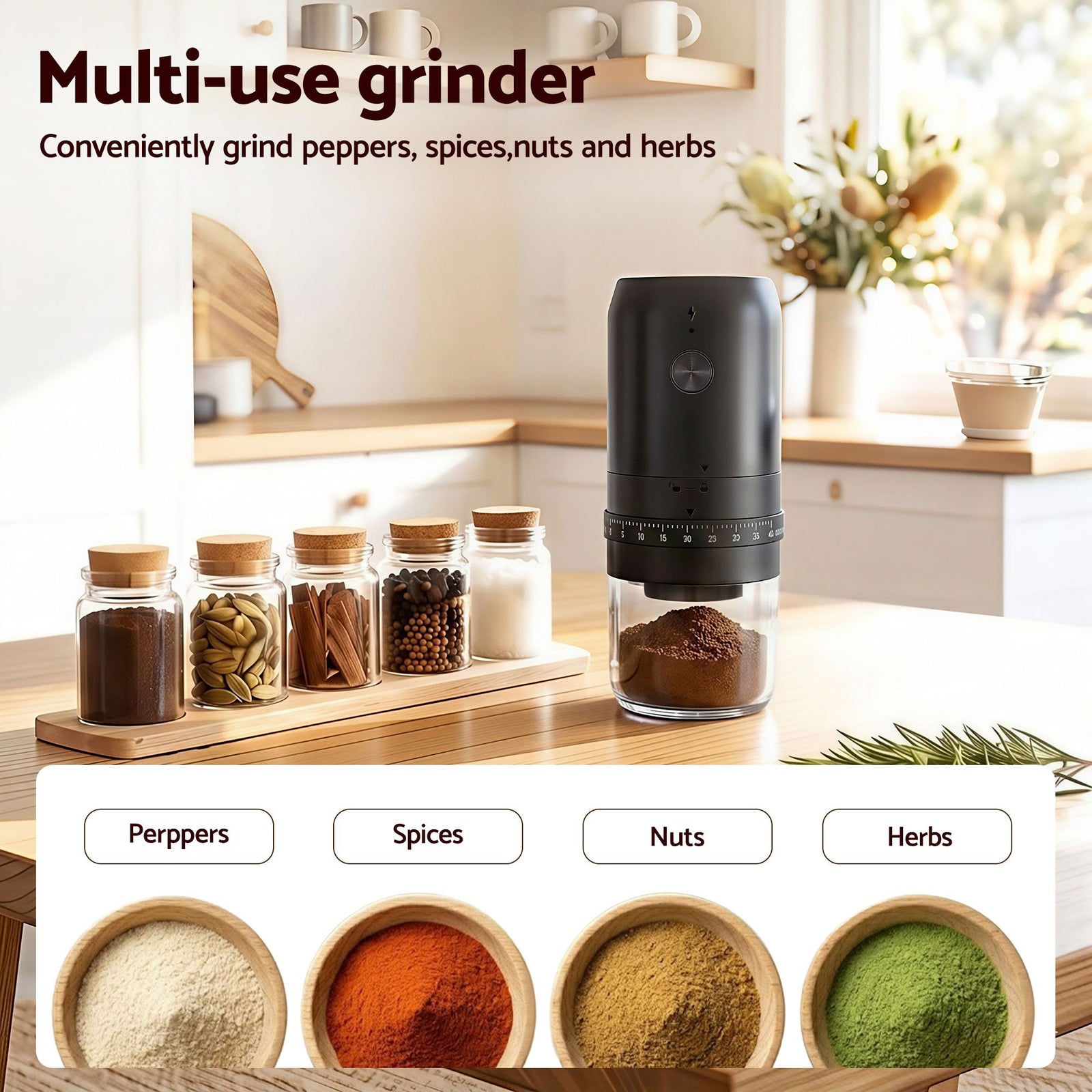 Electric Coffee Grinder USB-C Rechargeable Portable Coffee Bean Grinder with 40 Precise Grind Settings | Automatic Spice Nut Pepper Grinder Mill with Cleaning Brush & Ground Coffee Container for Home Office Camping Travel, Black