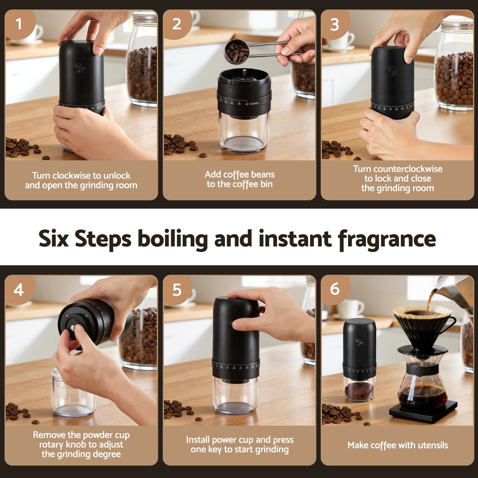 Electric Coffee Grinder USB-C Rechargeable Portable Coffee Bean Grinder with 40 Precise Grind Settings | Automatic Spice Nut Pepper Grinder Mill with Cleaning Brush & Ground Coffee Container for Home Office Camping Travel, Black