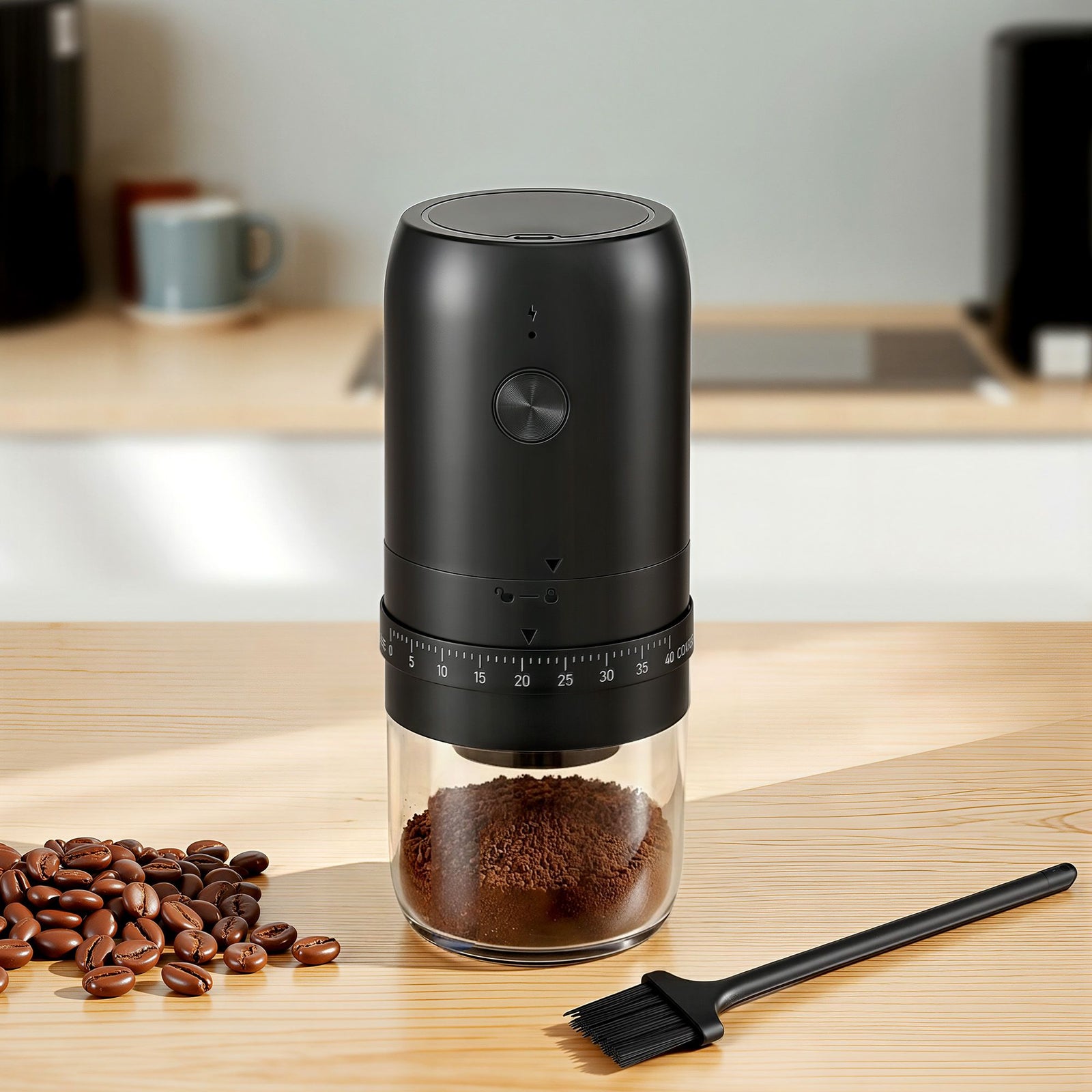 Electric Coffee Grinder USB-C Rechargeable Portable Coffee Bean Grinder with 40 Precise Grind Settings | Automatic Spice Nut Pepper Grinder Mill with Cleaning Brush & Ground Coffee Container for Home Office Camping Travel, Black