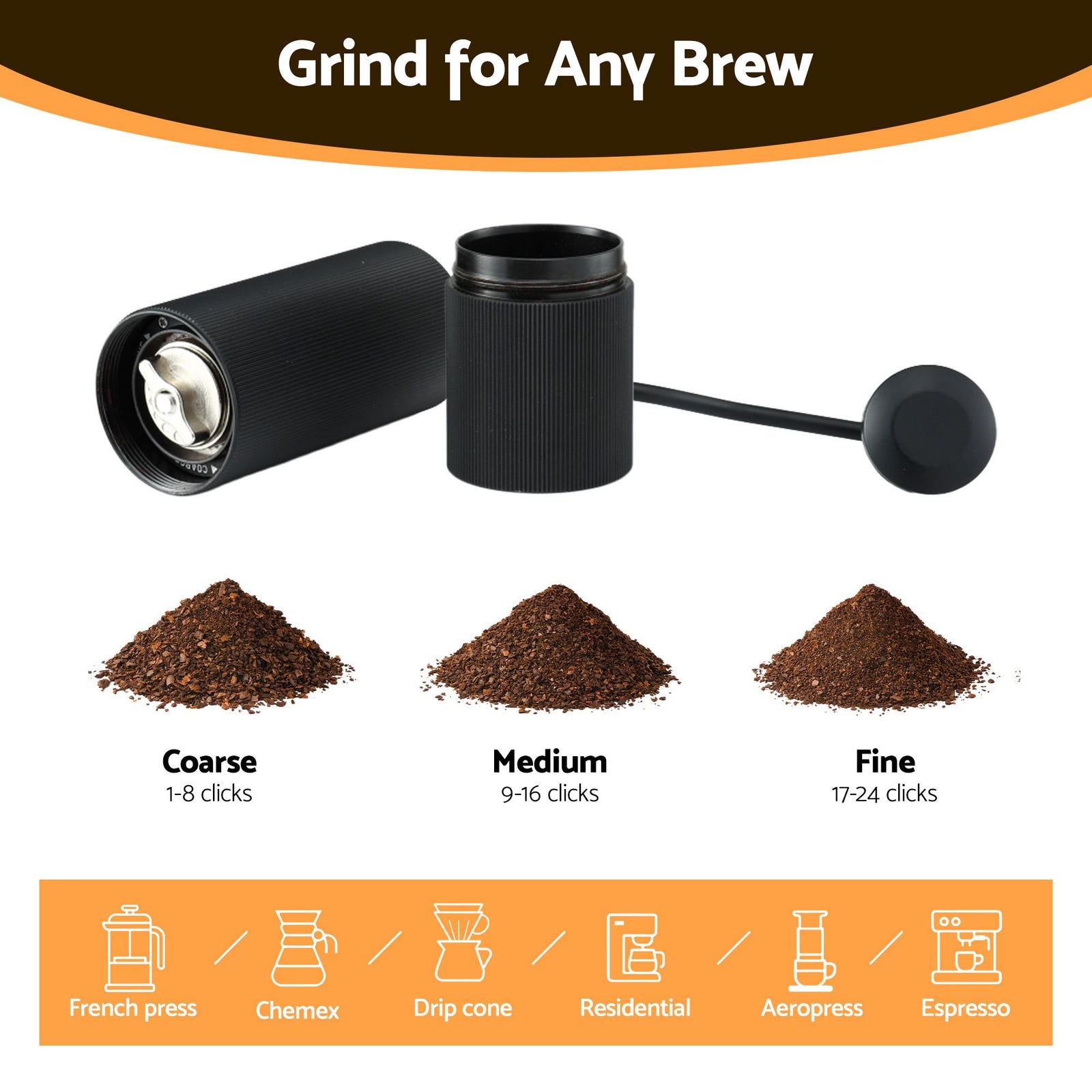 Manual Coffee Grinder with 24 Adjustable Settings | Hand Coffee Bean Burr Mill for Espresso French Press | Portable Stainless Steel Quiet Grinder with Storage Bag for Travel Camping, Black