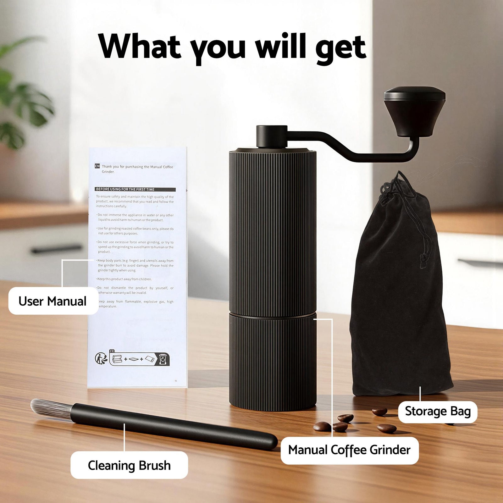 Manual Coffee Grinder with 24 Adjustable Settings | Hand Coffee Bean Burr Mill for Espresso French Press | Portable Stainless Steel Quiet Grinder with Storage Bag for Travel Camping, Black