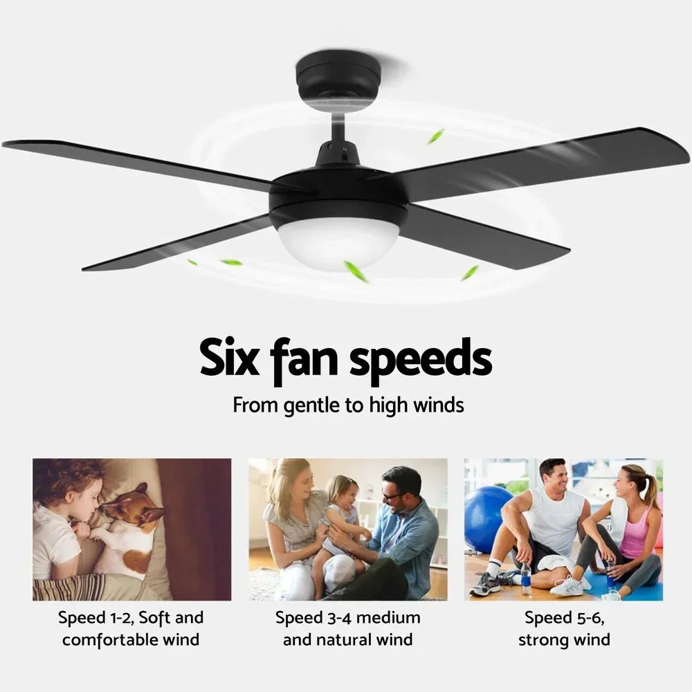 Ceiling Fan 52 Inch AC Motor with LED Light Remote 3 Speed Black