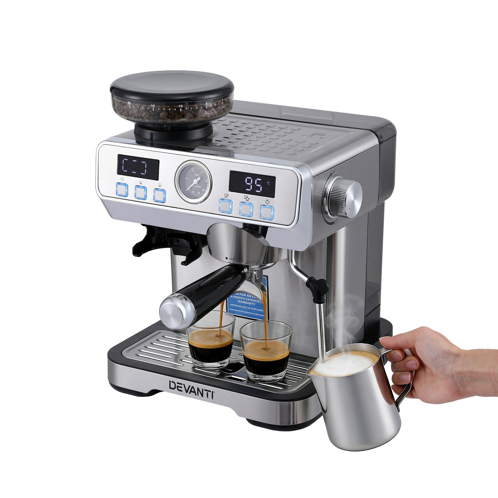 Coffee Machine Espresso Latte Maker with Grinder Milk Frother Steam Wand