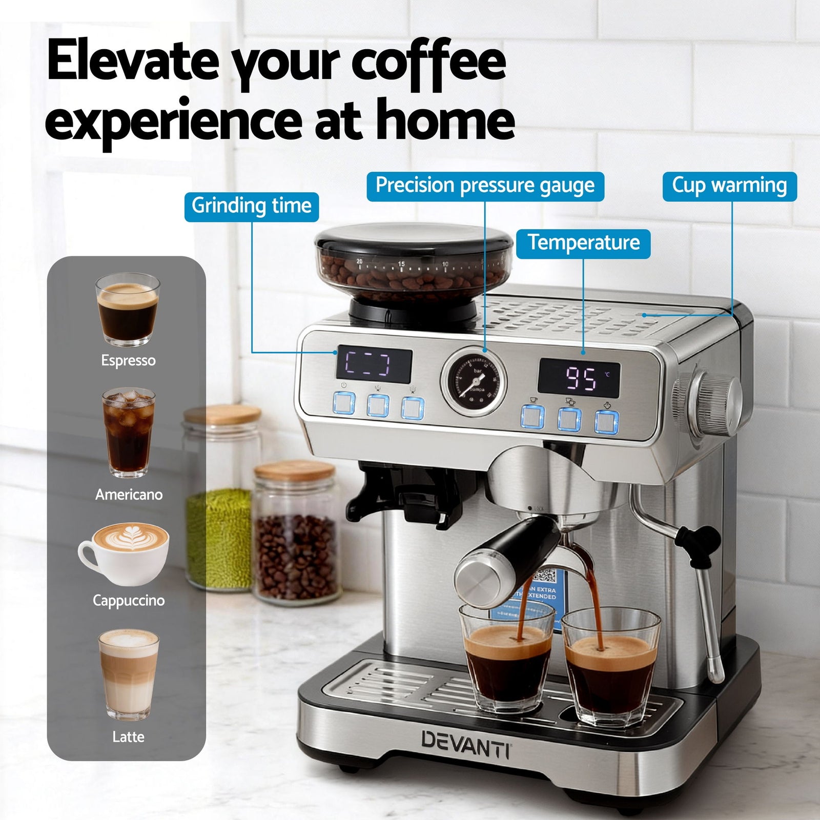 Coffee Machine Espresso Latte Maker with Grinder Milk Frother Steam Wand