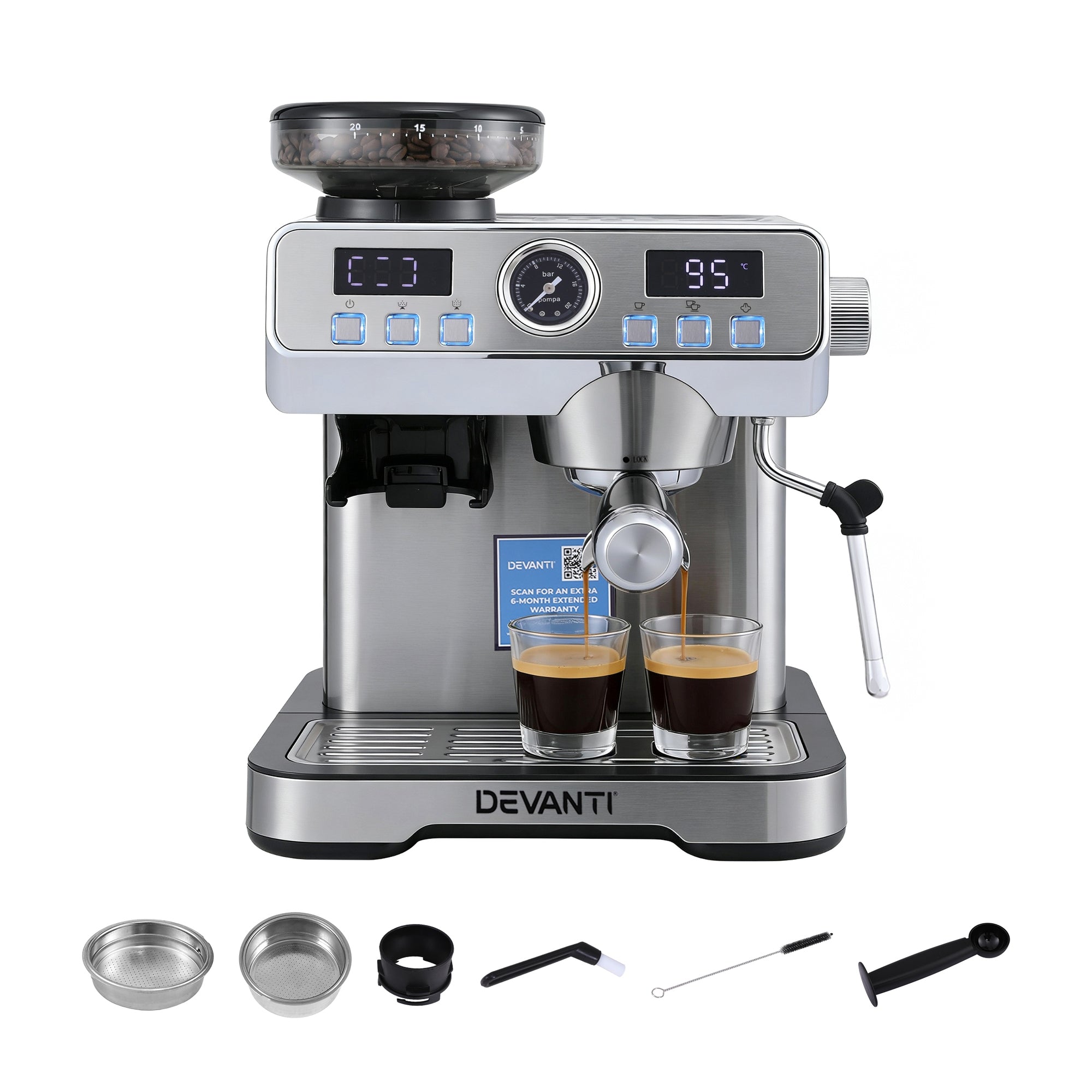 Coffee Machine Espresso Latte Maker with Grinder Milk Frother Steam Wand