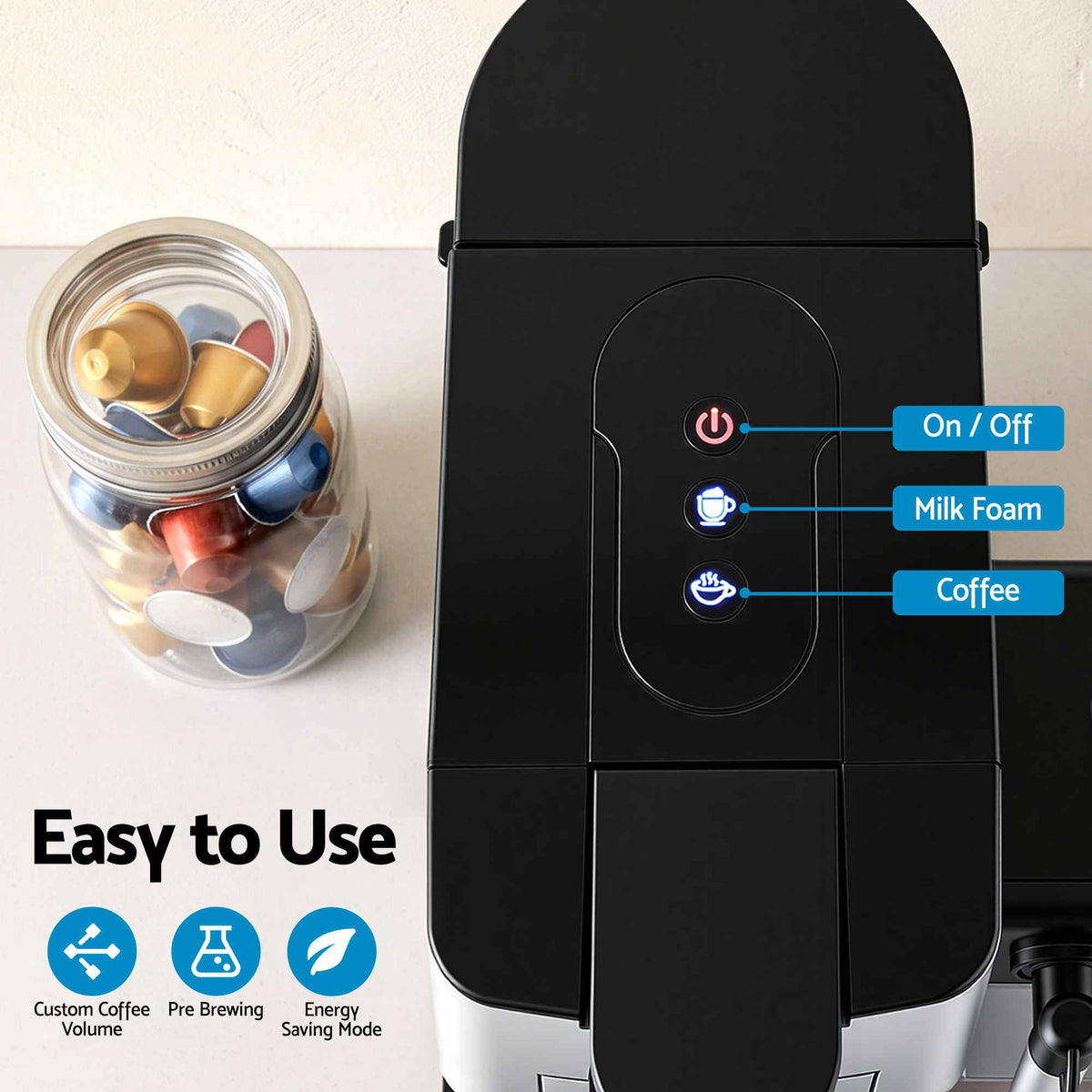 Devanti Capsule Coffee Pod Machine with Milk Frother, Black