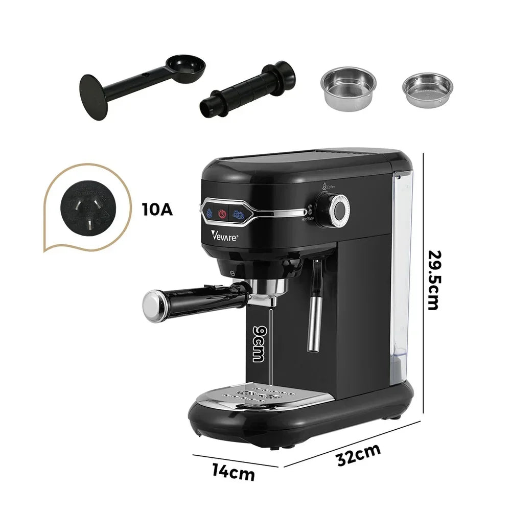 19‑Bar Espresso Coffee Maker – Milk Frother, 1L Tank, Black