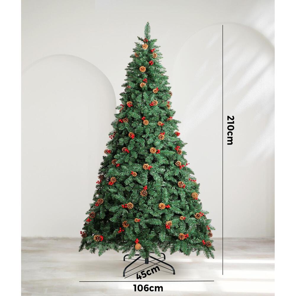 Christmas Tree 2.1M 7FT Xmas Decorations Green w/ LED Light and Pine Cones