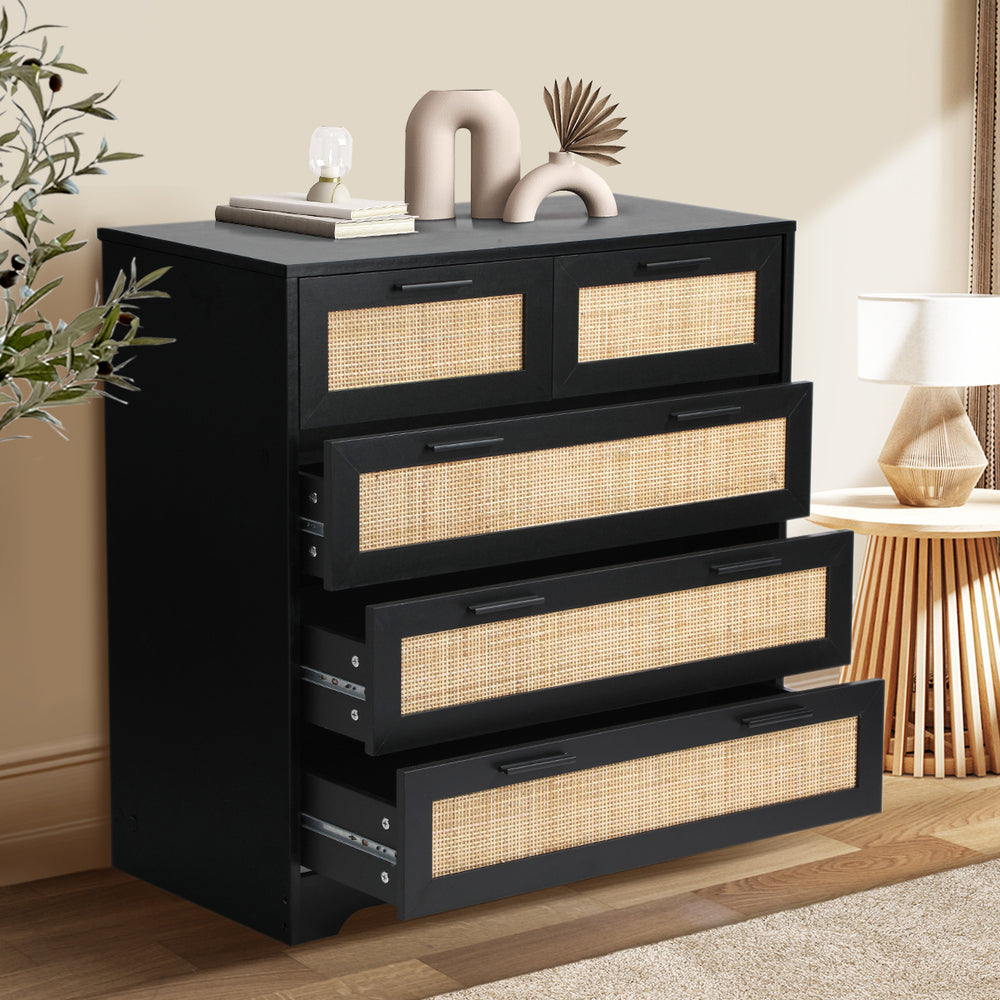 5 Chest of Drawers Dresser Rattan Black