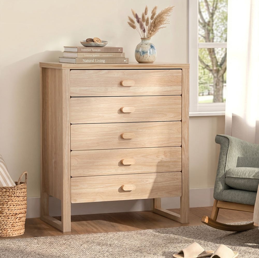 Chest of Drawers 5‑Drawer Tallboy – Natural Woodgrain Bedroom Storage