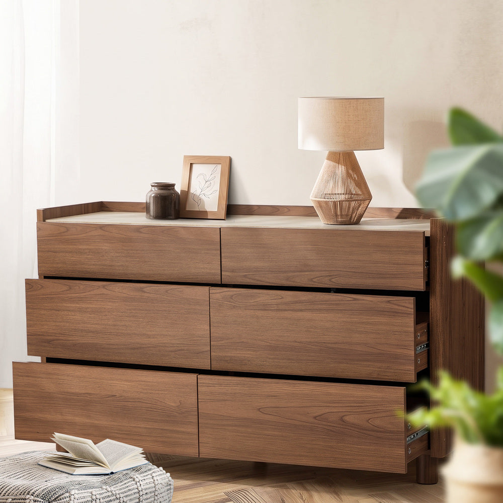Oikiture 6 Drawer Chest of Drawers Storage Cabinet Handle-Free Walnut