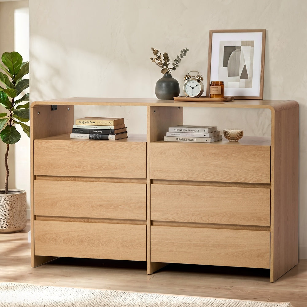 6 Chest Of Drawers Dresser with 2 Open Shelves Natural