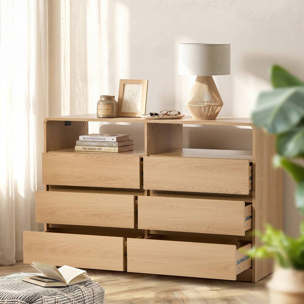 6 Chest Of Drawers Dresser with 2 Open Shelves Natural