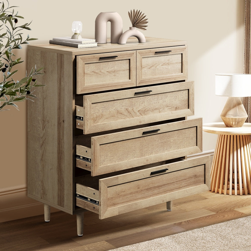 Oikiture 5 Chest of Drawers and 2 Bedside Tables Bedroom Set Natural