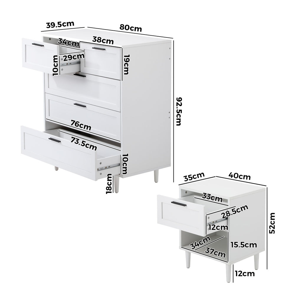 Oikiture Bedroom Set 5 Chest of Drawers and 2 Bedside Tables White