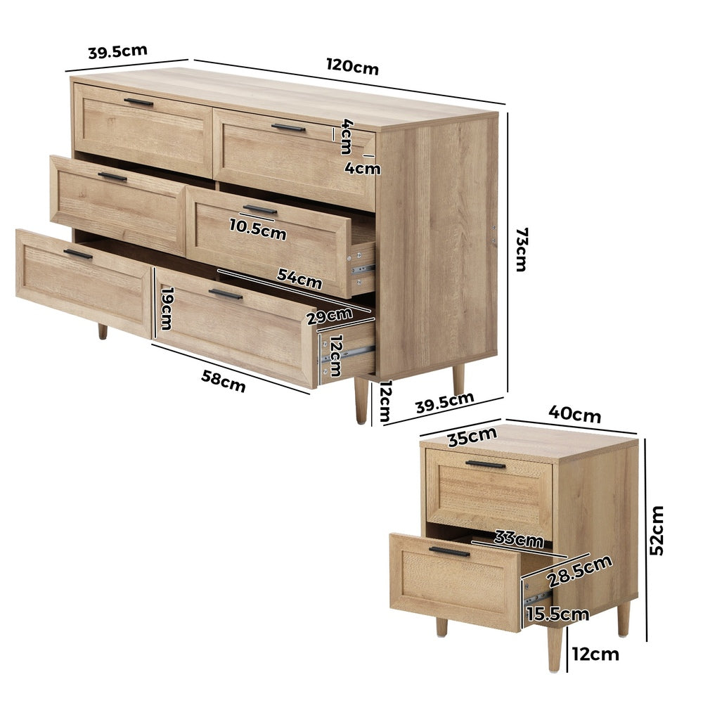 Oikiture 6 Chest of Drawers and 2 Bedside Tables Bedroom Set Natural