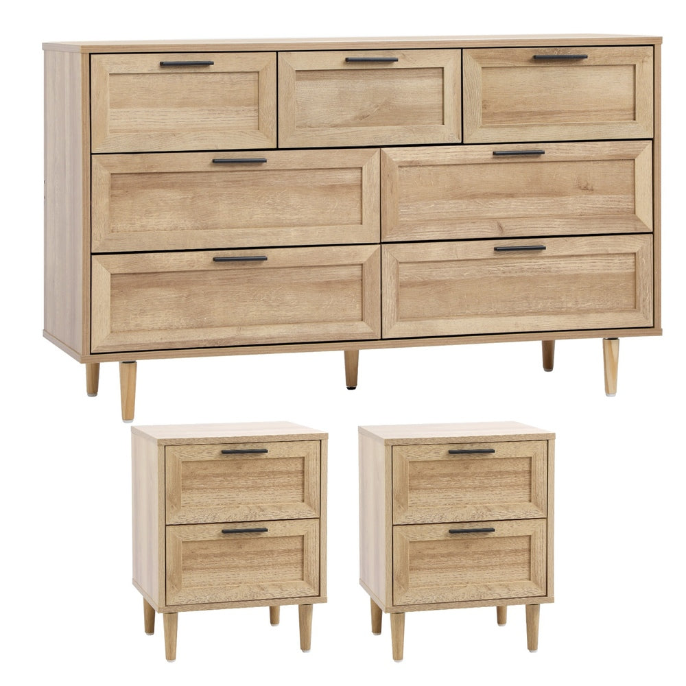 Oikiture 7 Chest of Drawers and 2 Bedside Tables Bedroom Set Natural