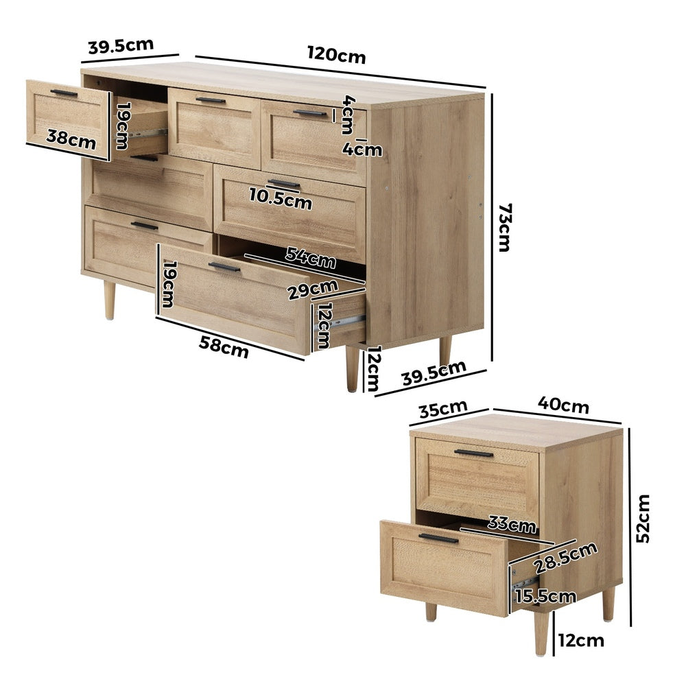 Oikiture 7 Chest of Drawers and 2 Bedside Tables Bedroom Set Natural