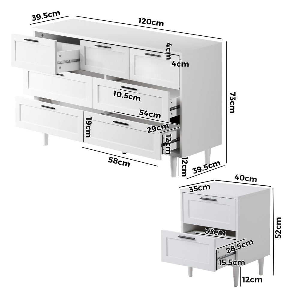 Oikiture 7 Chest of Drawers and 2 Bedside Tables Bedroom Set White