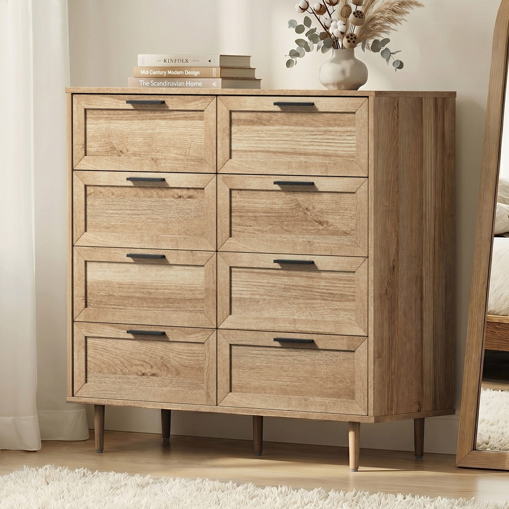 Oikiture 8‑Drawer Chest – Natural, Woodgrain, Sculpted Fronts, 90cm