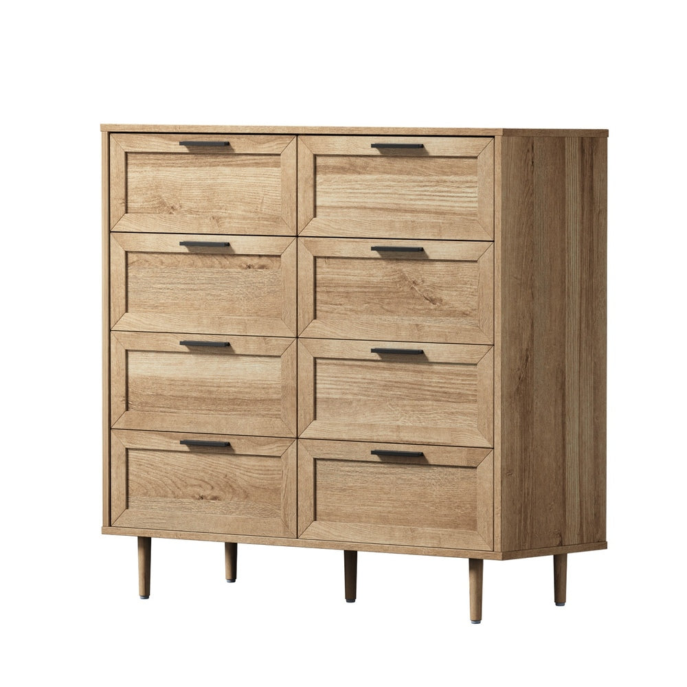 Oikiture 8‑Drawer Chest – Natural, Woodgrain, Sculpted Fronts, 90cm