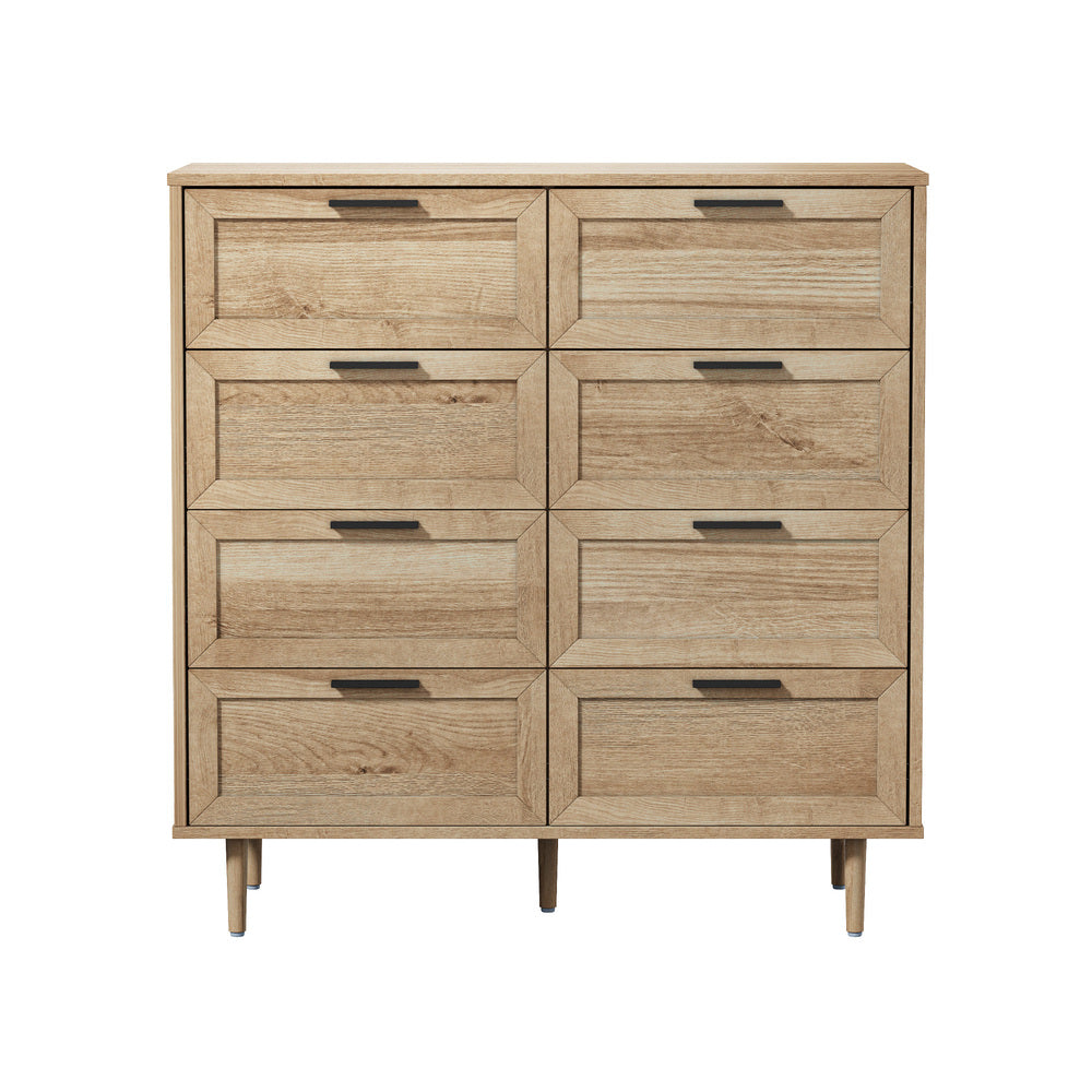 Oikiture 8‑Drawer Chest – Natural, Woodgrain, Sculpted Fronts, 90cm