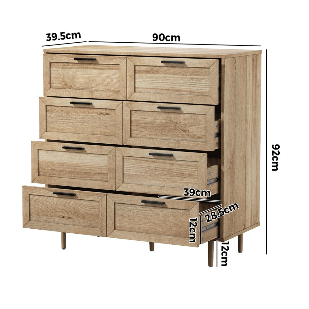Oikiture 8‑Drawer Chest – Natural, Woodgrain, Sculpted Fronts, 90cm