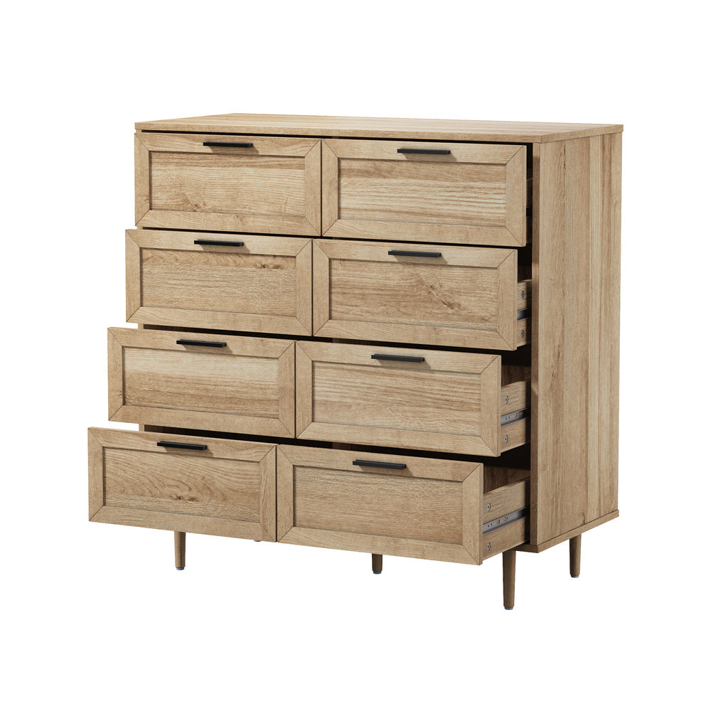 Oikiture 8‑Drawer Chest – Natural, Woodgrain, Sculpted Fronts, 90cm