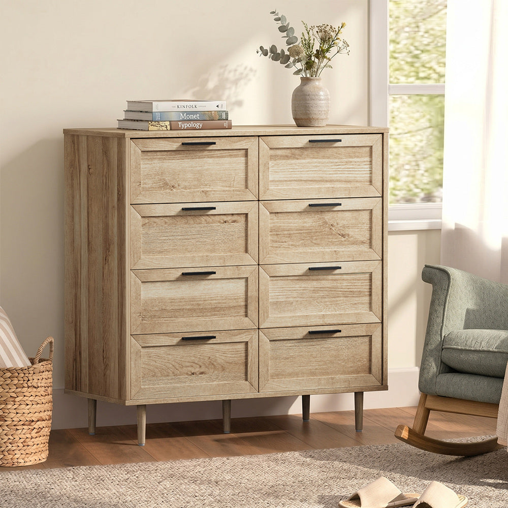 Oikiture 8‑Drawer Chest – Natural, Woodgrain, Sculpted Fronts, 90cm