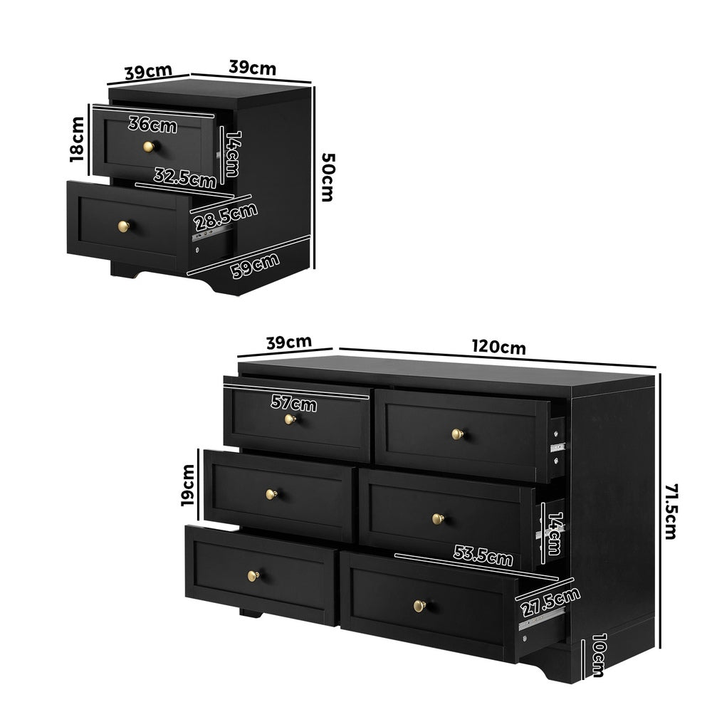 Oikiture 6 Chest of Drawers and Bedside Table Hamptons Furniture Set Black