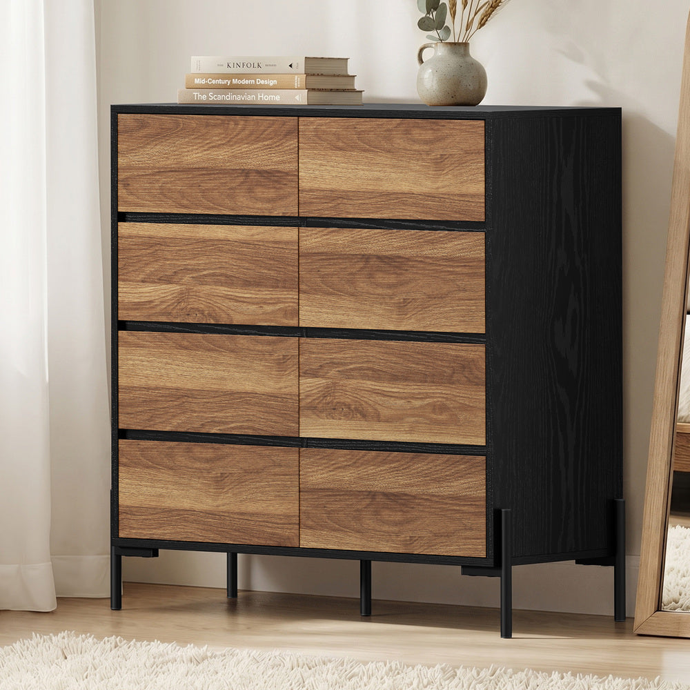 Oikiture 8 Drawer Chest of Drawers Tallboy Handle-Free Storage Walnut Black