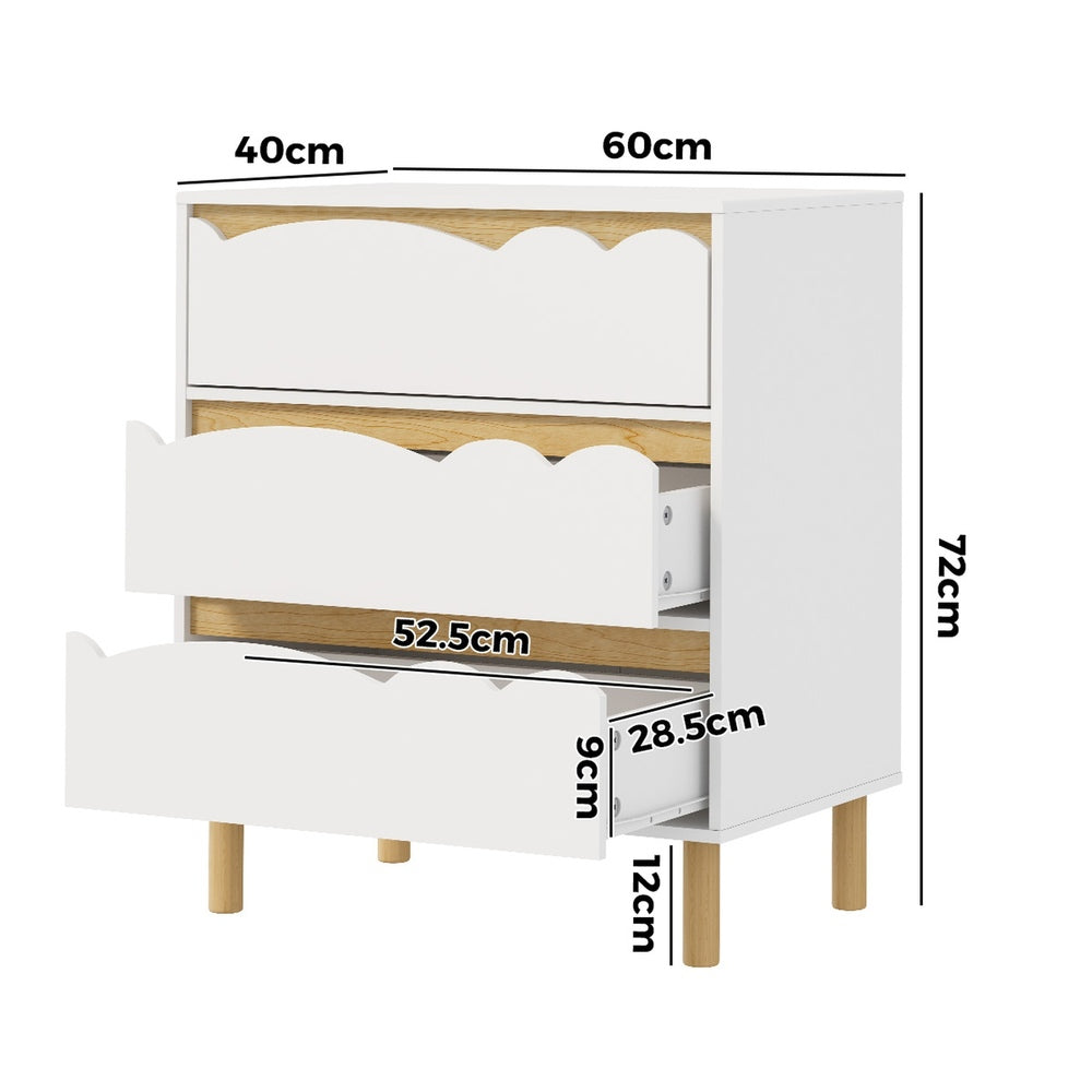 Oikiture 3 Chest Of Drawers Handle-free Kids Bedroom Storage White