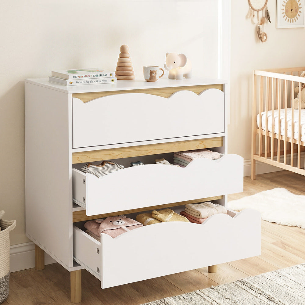 Oikiture 3 Chest Of Drawers Handle-free Kids Bedroom Storage White