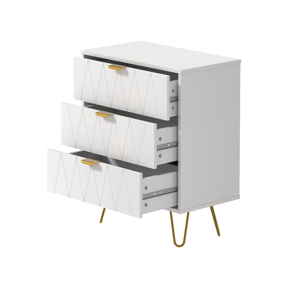 3 Chest of Drawers Gold Handles Dresser Storage Cabinet White