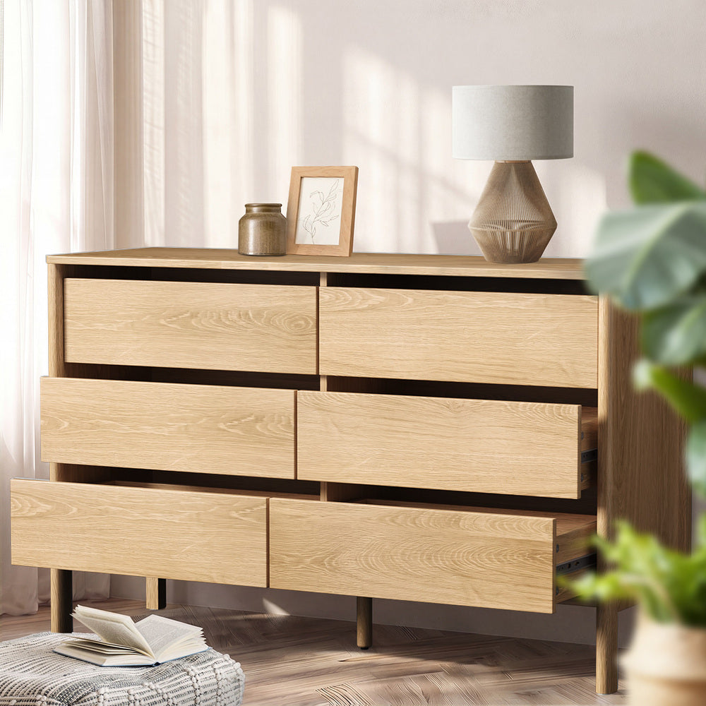 Oikiture 6 Chest Of Drawers Dresser Lowboy Handle-Free Natural