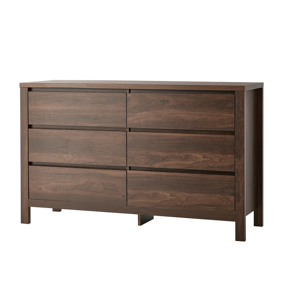 Oikiture 6 Chest Of Drawer Lowboy Dresser Handle-Free Bedroom Walnut