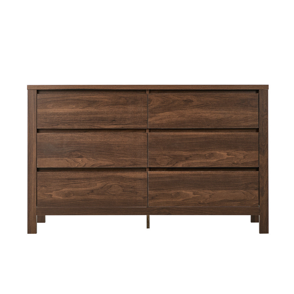 Oikiture 6 Chest Of Drawer Lowboy Dresser Handle-Free Bedroom Walnut