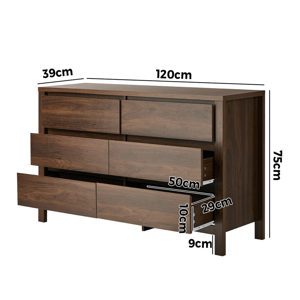 Oikiture 6 Chest Of Drawer Lowboy Dresser Handle-Free Bedroom Walnut