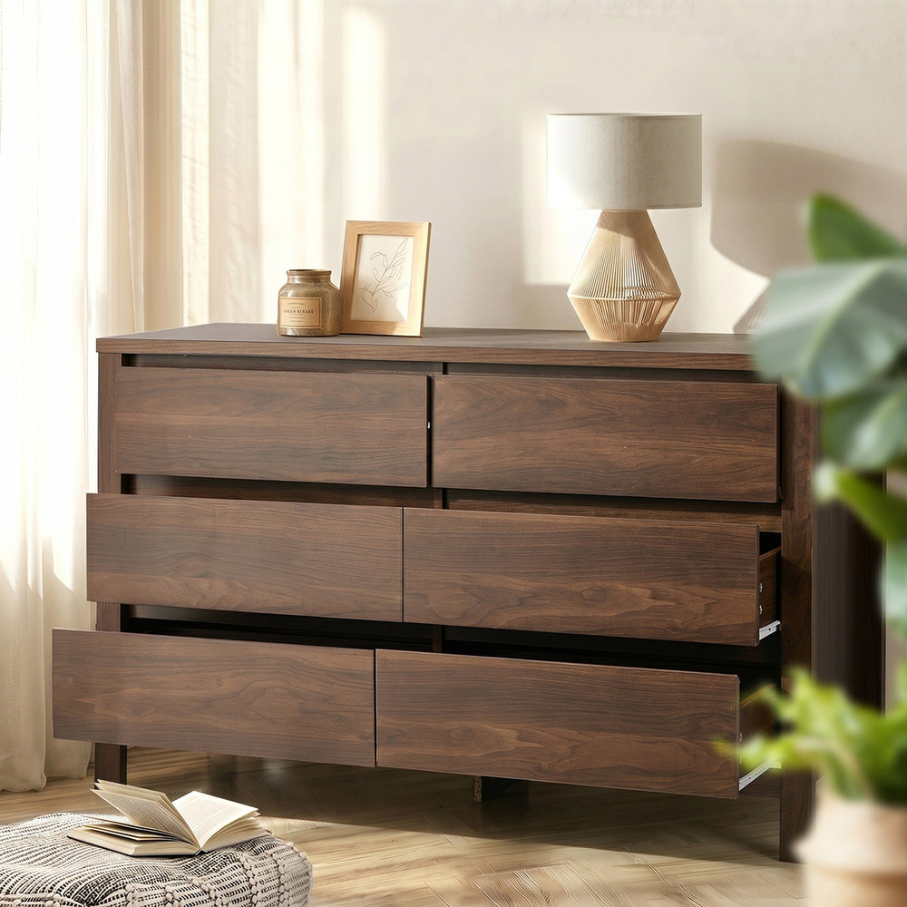Oikiture 6 Chest Of Drawer Lowboy Dresser Handle-Free Bedroom Walnut