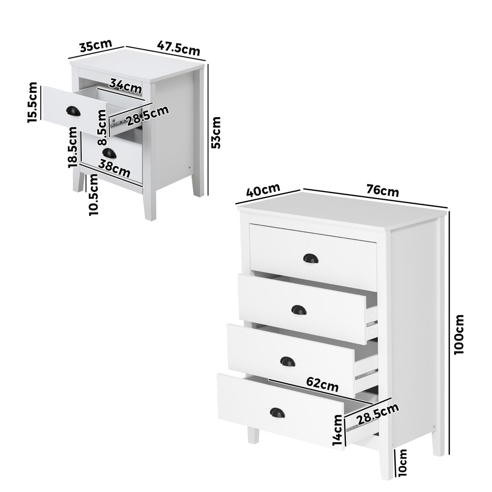 Oikiture 4 Chest of Drawers and 2 Bedside Tables Vintage Bedroom Set White