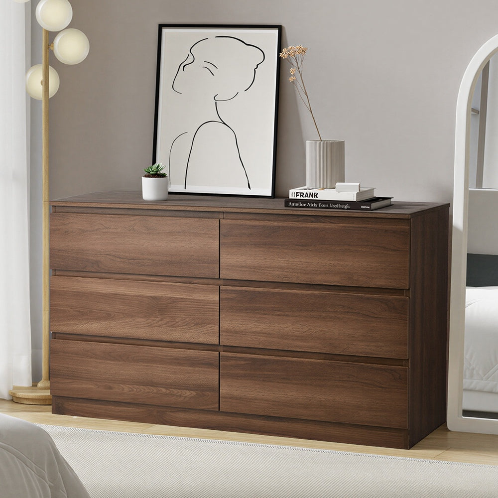 Oikiture 6 Chest of Drawers Lowboy Storage Cabinet Dresser Walnut