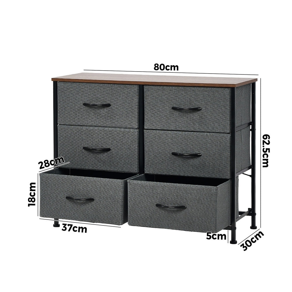 Oikiture 6 Chest of Drawers Fabric Grey Wooden Tabletop