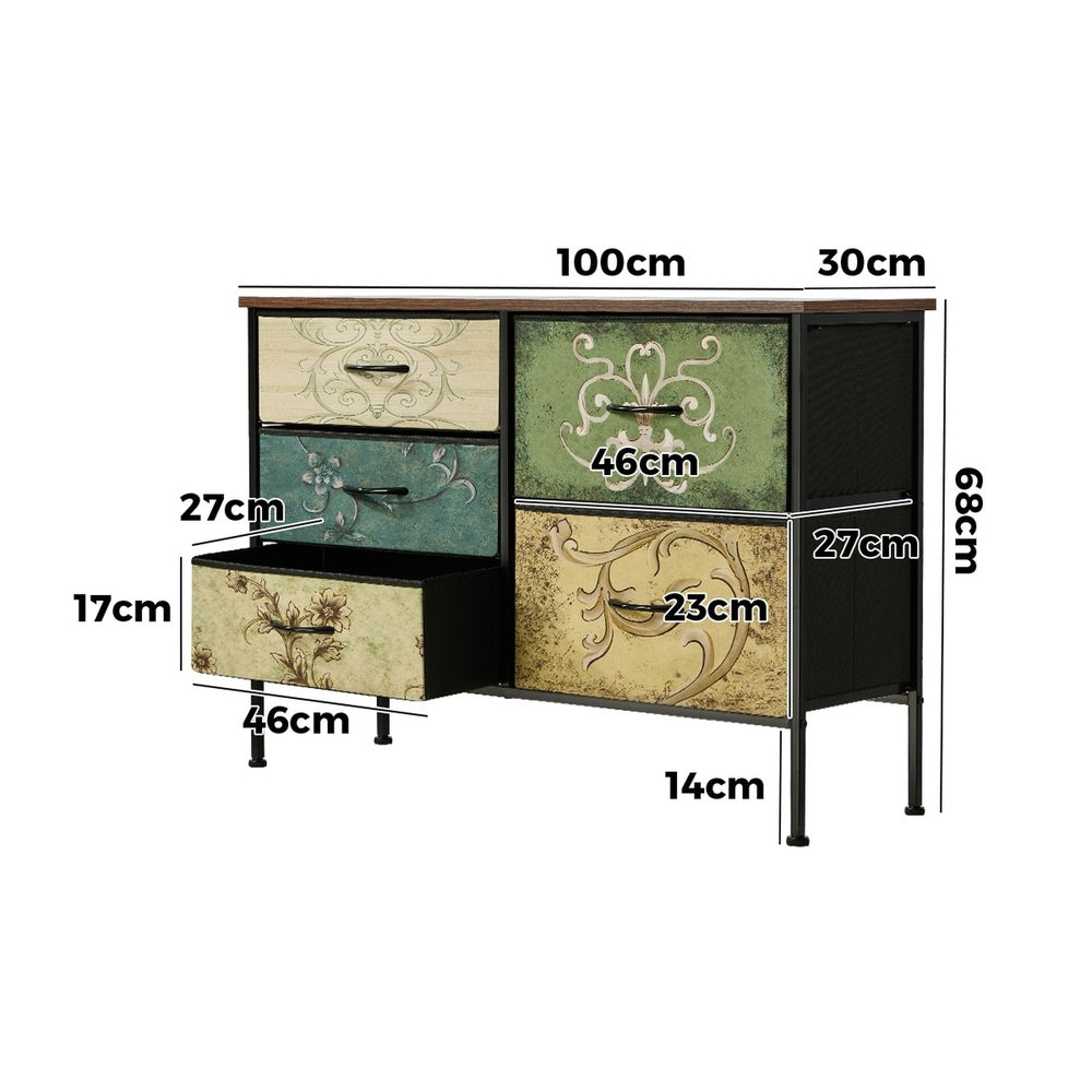 Oikiture Lowboy 5 Chest Of Drawers Cabinet Retro