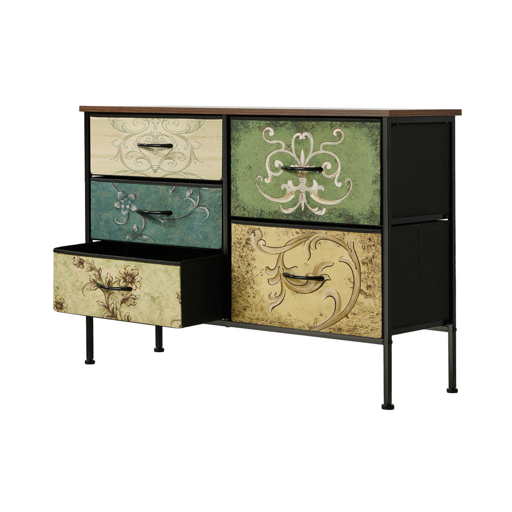 Oikiture Lowboy 5 Chest Of Drawers Cabinet Retro