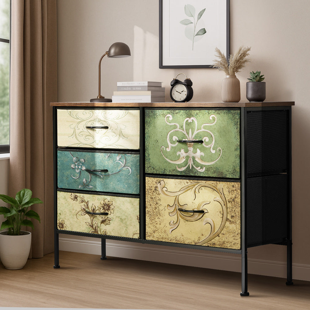 Oikiture Lowboy 5 Chest Of Drawers Cabinet Retro