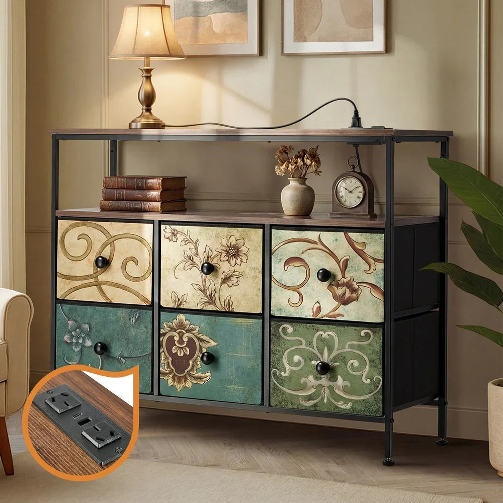 6 Chest of Drawers Fabric Retro Dresser Lowboy Shelf Charging