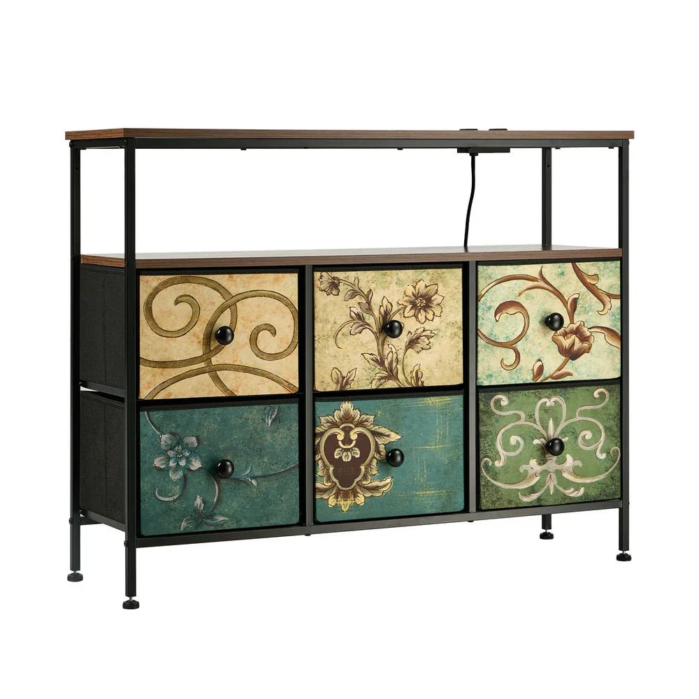 6 Chest of Drawers Fabric Retro Dresser Lowboy Shelf Charging