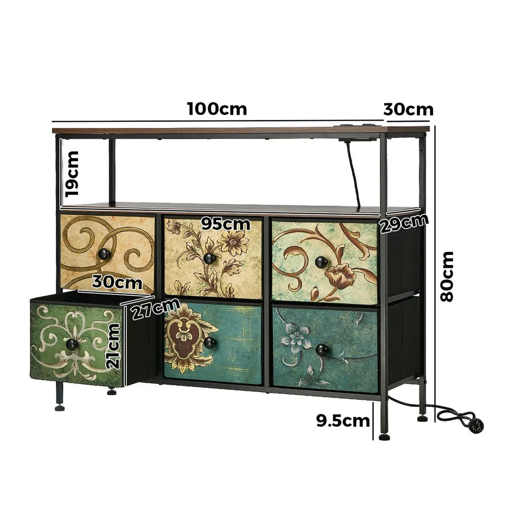 6 Chest of Drawers Fabric Retro Dresser Lowboy Shelf Charging