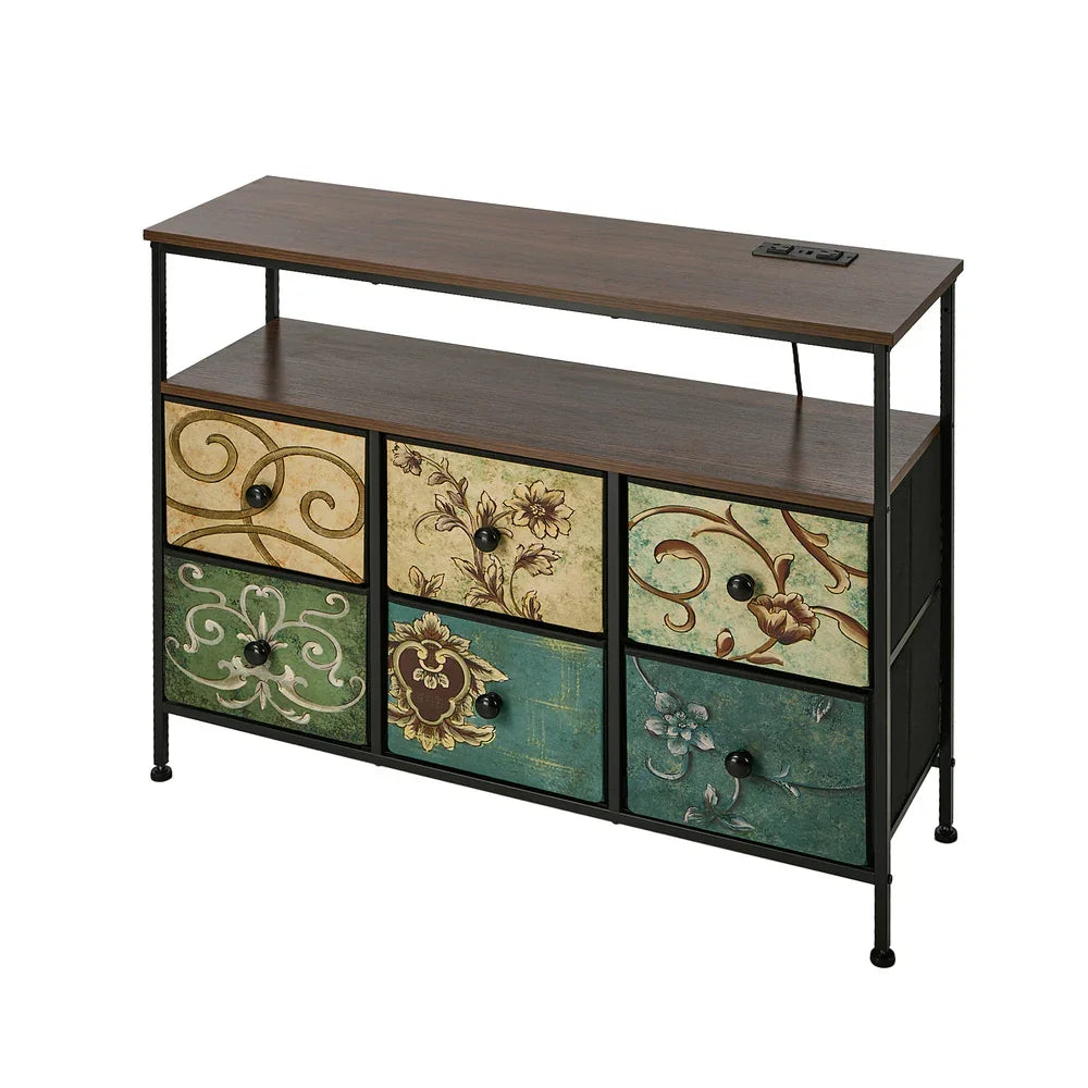 6 Chest of Drawers Fabric Retro Dresser Lowboy Shelf Charging